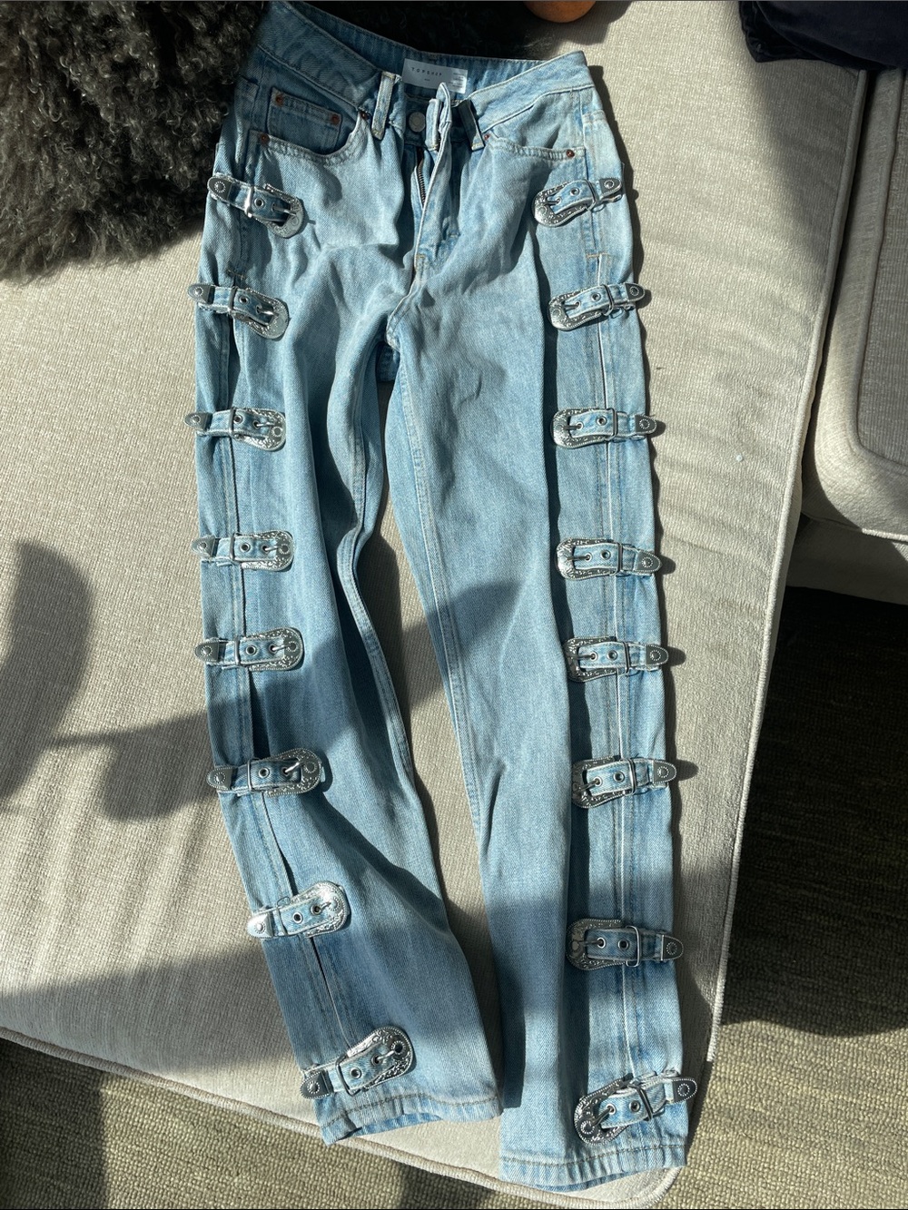 Topshop Light Blue Straight-Leg Jeans with Buckle Straps